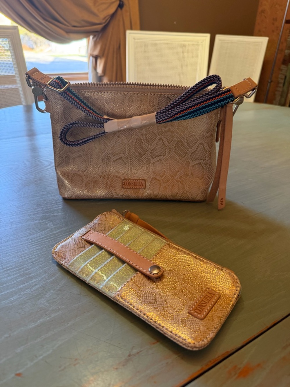 Consuela Leah Midtown Gold Python Print Crossbody Bag & matching card organizer